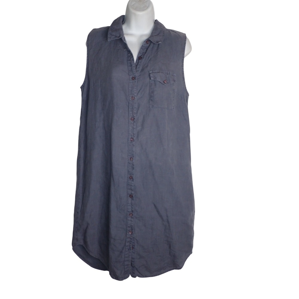 Title Nine Women's Sleeveless Button Down Shirt Dress Grey L Linen Minimalist
